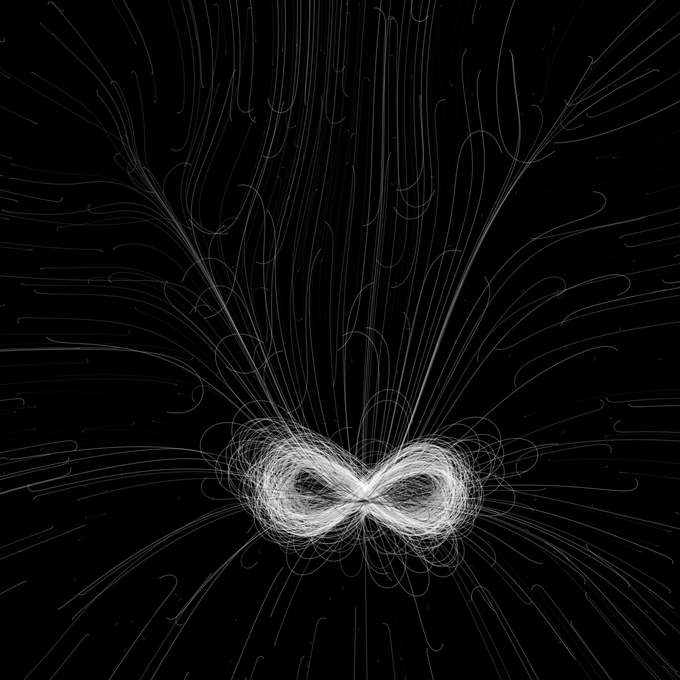 An abstract digital artwork showing flowing white luminescent lines that converge into an infinity symbol or figure-eight shape at the center against a black background, resembling magnetic field lines or light trails.