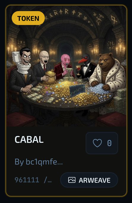 A digital token card labeled 'TOKEN' and 'CABAL' depicting illustrated figures including a man with a toilet for a head, a bald man, a pink creature, a raven, and a bear sitting around a table piled with gold coins and cash, with 'ARWEAVE' and '961111' displayed below.