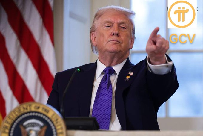 A man in a dark suit with a blue tie stands at a podium bearing the presidential seal, pointing upward with his right hand beside an American flag, with a "GCV" logo visible in the corner. The post uses the image, paired with a quotation about cryptocurrency, to emphasize a point about practical value versus mere trading price.