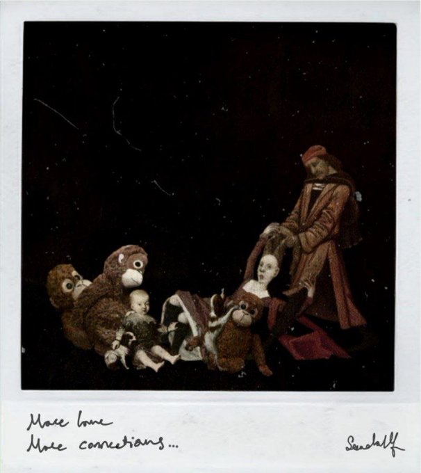 A surreal Polaroid-style photograph by an artist signed "Suerdallf" showing a figure in a red robe interacting with dolls and teddy bears in a dark starry setting, with handwritten text reading "More love More connections..."