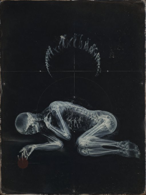 An X-ray image showing a human skeleton curled on the ground beneath an arc of handwritten text, creating a haunting composition against a dark background.