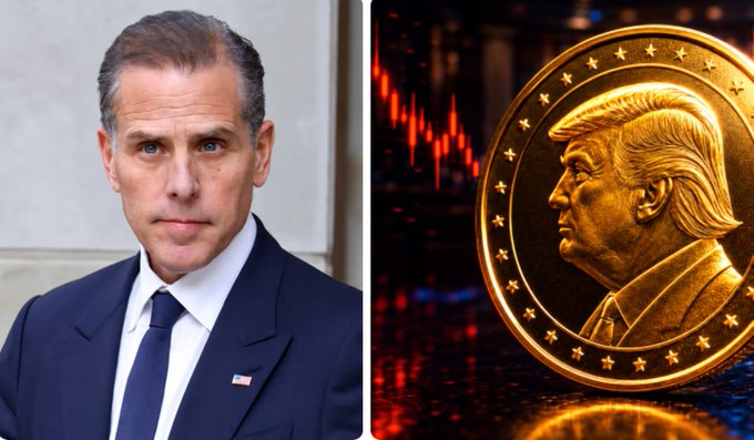 A photo of Hunter Biden next to a gold coin featuring Donald Trump's profile, set against a background of red cryptocurrency price charts.