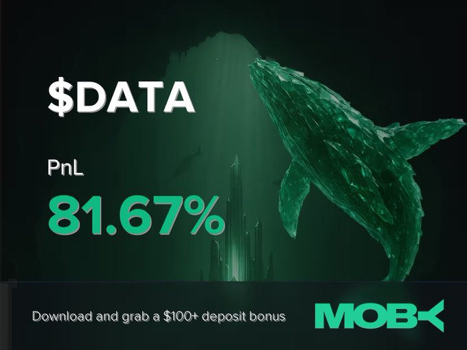 In the image, there is a logo for data trading services, which include a green whale as part of its design. The image also features text that provides information about the $DATA quote, stating that "A trader on Moby Mobile just closed a position of $DATA with a PnL of +81.67%." This suggests that the trader made a profit from selling data at the current price. Additionally, the post mentions that "the trader is currently sitting at $337.89K MC," which could be a market capitalization or an order value related to the traded data. The combination of elements in this image highlights both the trading activity and the profitability associated with it.