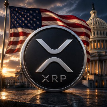 The image features a silver coin with an XP logo on top of a building, which appears to be the United States Capitol. The coin has been placed on a stone slab or pedestal, making it the central focus of the scene. The background includes a large American flag and a sunset over the Capitol building, creating a patriotic atmosphere.