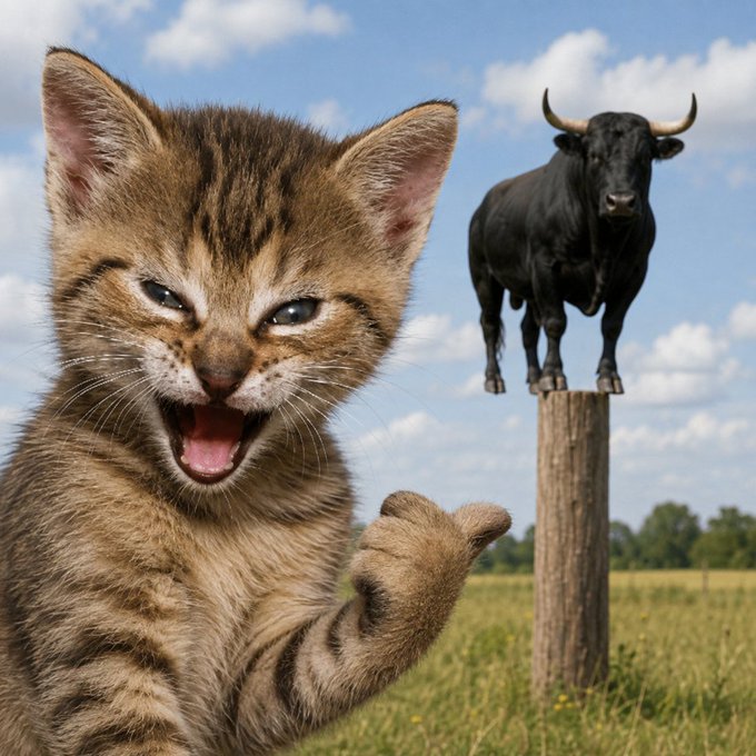 A humorous composite image of an angry-looking tabby kitten with its paw raised, appearing to confront a black bull that is precariously balanced on top of a wooden post in a grassy field.