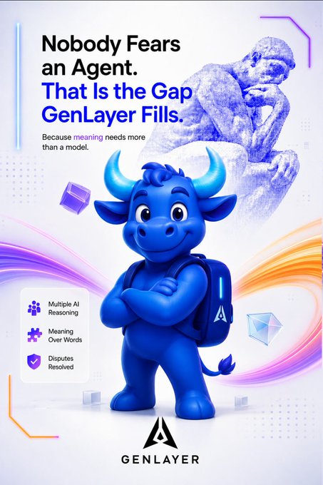 **Caption:** A promotional graphic for GenLayer featuring a muscular blue bull mascot alongside "Rodin's The Thinker" statue, with the headline "Nobody Fears an Agent. That Is the Gap GenLayer Fills," highlighting features like "Multiple AI Reasoning," "Meaning Over Words," and "Disputes Resolved."

**Relation to post:** The image and post both emphasize GenLayer's core thesis—that traditional AI agents lack authoritative dispute resolution. While the post illustrates this with a real-world everyday dispute (a small tab at a corner store), the ad reinforces the message with philosophical weight (the Thinker) and bullet points promising that GenLayer goes beyond simple AI output to deliver verifiable, meaningful conflict resolution.