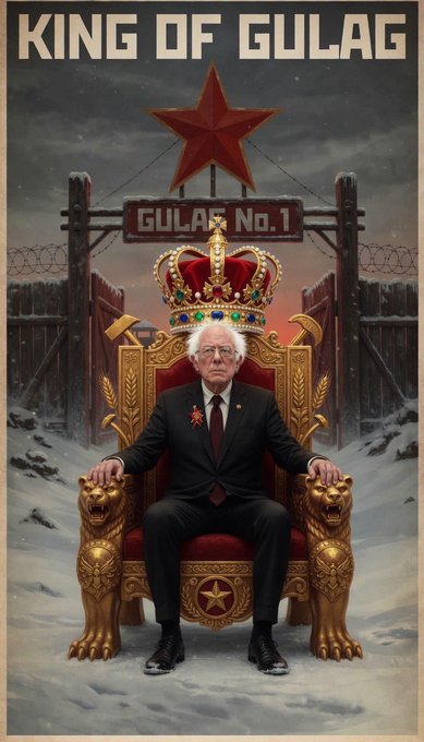 A propaganda-style poster titled "KING OF GULAG" depicts an elderly white-haired man in a suit sitting on an ornate golden throne beneath a red Soviet star and a gate labeled "GULAG No.1," with the chair flanked by golden lion statues in a snowy setting. The imagery satirically portrays the post's speaker as an authoritarian ruler reigning over a chaotic "gulag" of meme-coin warfare, where gamblers battle in the trenches on Solana while the "king" presides over the mayhem with smug confidence.