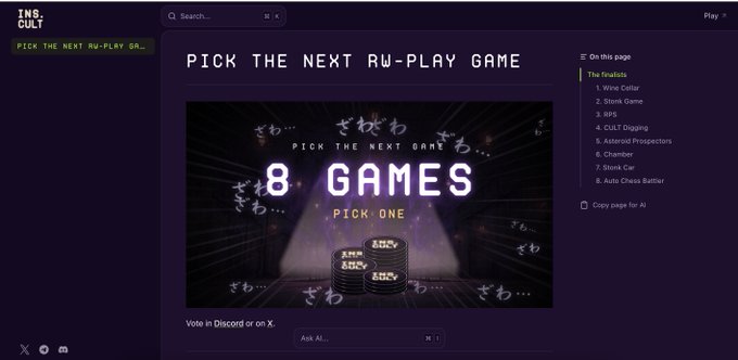 A webpage titled 'PICK THE NEXT RU-PLAY GAME' shows a graphic with '8 GAMES PICK ONE' surrounded by Japanese characters, with a sidebar listing 'The Finalists' like Wine Cellar and Stonk Game.