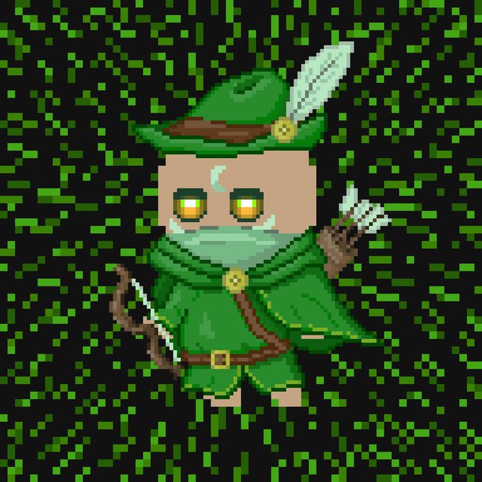 Pixel art illustration of a green-cloaked ranger or archer character with a feathered hat, glowing eyes, and a bow, set against a black background with green pixelated falling code effect.