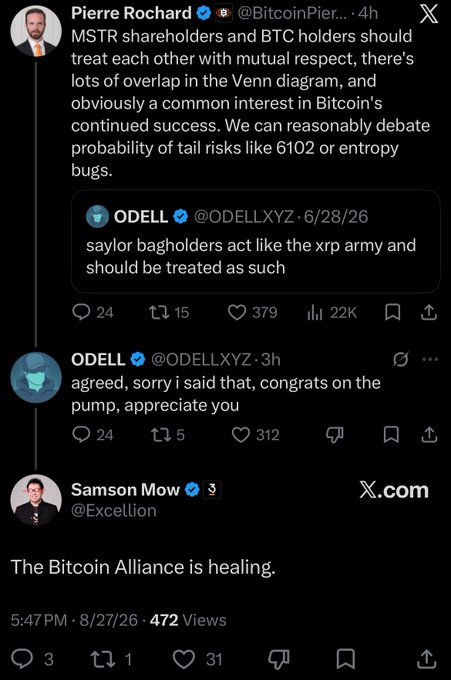 A Twitter/X thread showing Pierre Rochard and ODELL discussing MSTR and BTC holders, followed by Samson Mow's tweet stating "The Bitcoin Alliance is healing."