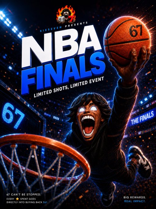 An energetic 'NBA FINALS' promotional poster by Sixseven features a screaming basketball player dunking a ball marked '67', with text reading 'LIMITED SHOTS, LIMITED EVENT' and '67 CAN'T BE STOPPED'.