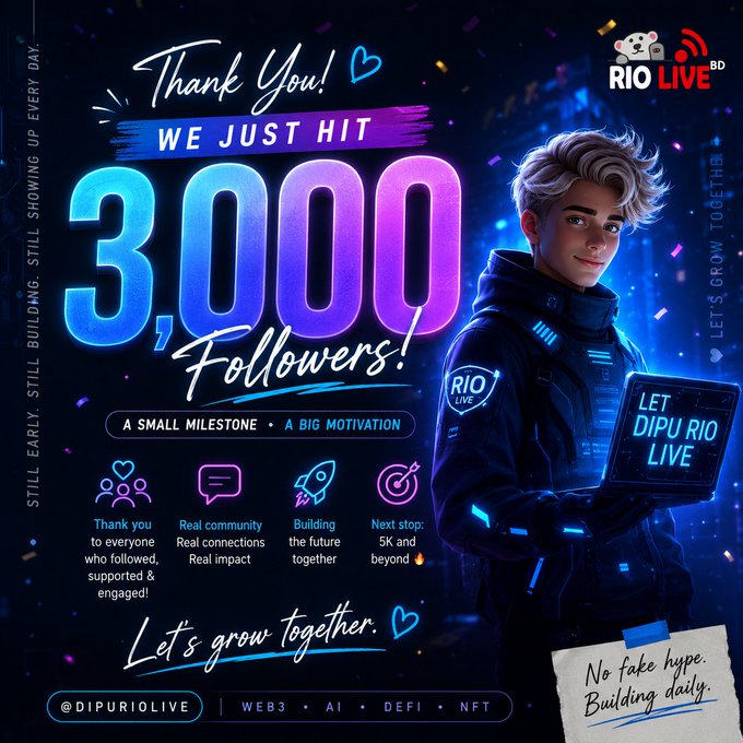 A promotional graphic celebrating '3,000 Followers' for @DIPURIOLIVE, featuring an illustrated character in futuristic gear, with text including 'Let's grow together' and 'No fake hype. Building daily.'