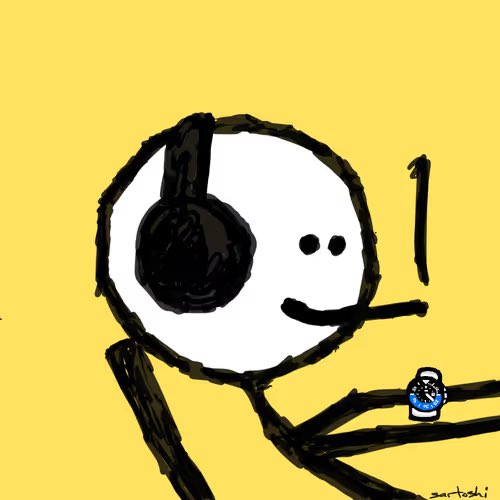 A simple doodle on a yellow background featuring a white circular character with black headphones and a smile, holding a stick with a marshmallow on fire.