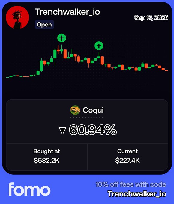 A Fomo app trading card showing the 'Coqui' token with a 60.94% drop, bought at $582.2K and currently at $227.4K, from user 'Trenchwalker_io'.