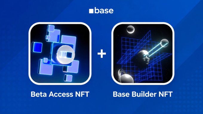 The image features a blue square box with the text "Base" at its top, and below that is the text "Beta Access NFT". This text describes a beta access NFT that can be used for building base applications. The second part of the image shows an interesting scene featuring two robots - one wearing a silver hat and the other having a head filled with stars. It's worth noting that the two robot designs are set in space, each holding up a star-like object at different positions to create an artistic composition.
