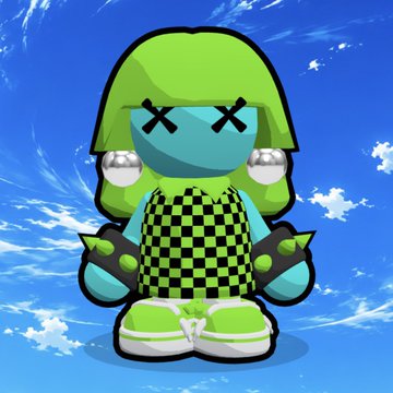 A cartoon illustration of a green-haired character with X's for eyes, wearing a black and green checkered shirt and spiked black armbands, against a bright blue sky background.