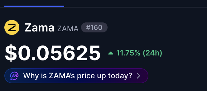 A cryptocurrency price tracker displaying the token 'Zama (ZAMA)' at $0.05625, showing a 24-hour increase of 11.75%, with a prompt asking 'Why is ZAMA's price up today?'.