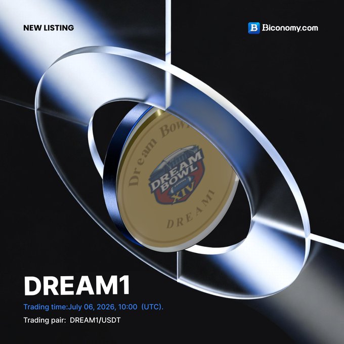A Biconomy.com promotional graphic announcing a new listing for DREAM1 token, with trading on July 06, 2026 on the DREAM1/USDT pair.