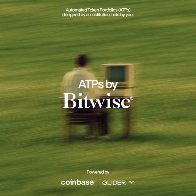 A man sits at a computer desk alone in a vast green field, with overlaid text reading "ATPs by Bitwise" and "Automated Token Portfolios (ATPs) designed by an institution, held by you," along with "Powered by Coinbase | Glider" at the bottom. The image visually conveys the idea of institutional-grade crypto tools being made accessible to individual investors, aligning with the message that ATPs are the new primitive for onchain wealth management, offering faster market entry than ETFs or vaults.