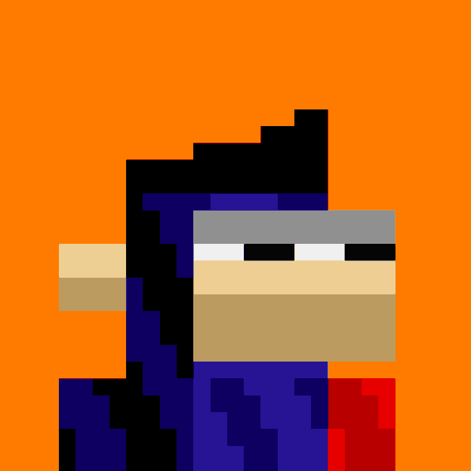 A pixel art image on an orange background showing a stylized character with dark hair, a headband, and blue clothing.
