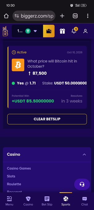 A mobile screenshot of a betting website (biggerz.com) showing an active bet on whether Bitcoin will hit $87,500 in October, with a potential win of +USDT 85.50.