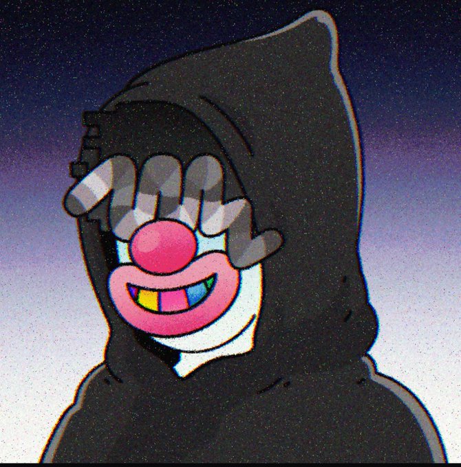 A glitchy, surreal digital illustration showing a hooded dark figure with a cartoonish pink smiling face and rainbow-colored teeth visible through a hand, set against a starry night sky gradient.