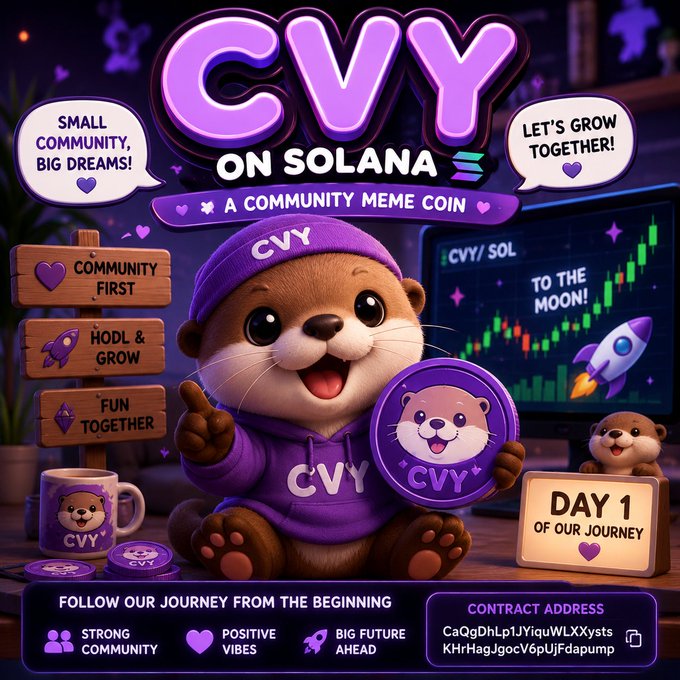 A promotional graphic for 'CVY on Solana', a community meme coin featuring a cartoon otter character, with a contract address and messaging about community first and growing together.