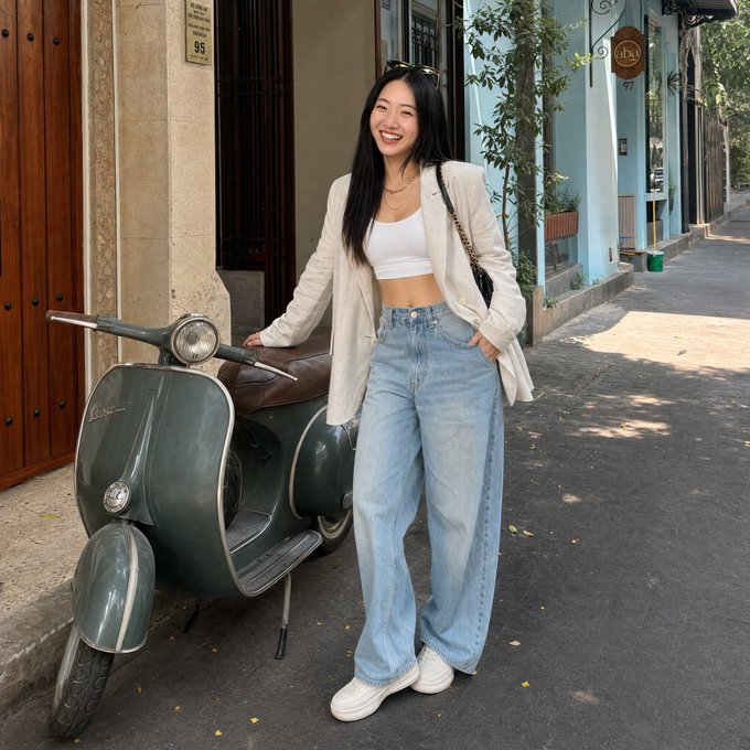 The image features a woman standing next to a green motorcycle, smiling for the camera. The woman appears to be wearing a white blouse and blue jeans. There are no texts or other objects present in the scene that directly relate to the post about earning crypto by browsing like normal.