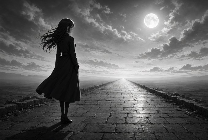 A black and white scene of a woman in a long flowing dress standing at the start of a long stone pathway that extends toward a bright horizon under a full moon and cloudy sky.