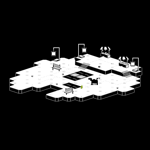 A black-and-white isometric pixel art scene displays an outdoor plaza with benches, lampposts, small kiosks, and a pixelated Space Invader-style alien character.