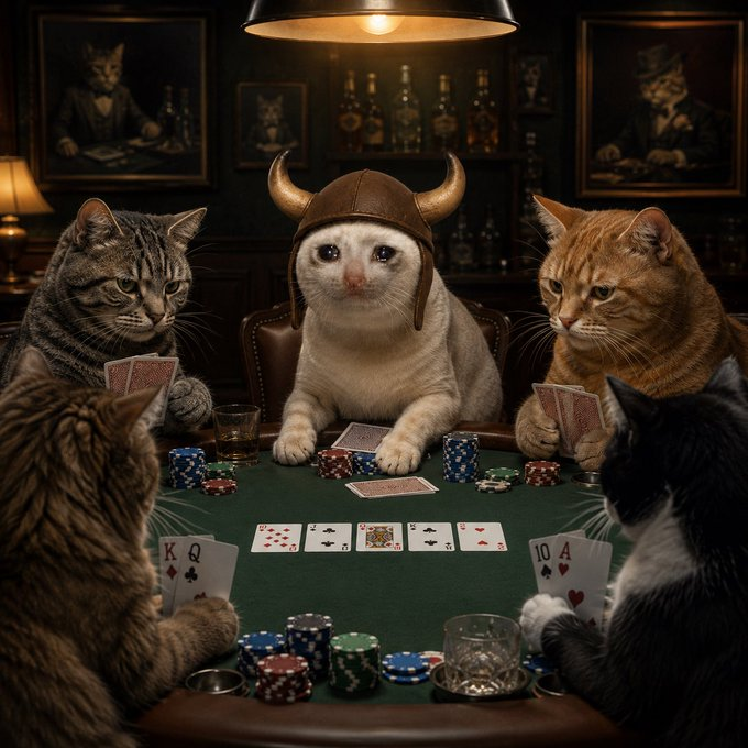 A whimsical AI-generated illustration shows five cats playing poker around a green felt table, with the central cat wearing a viking helmet.