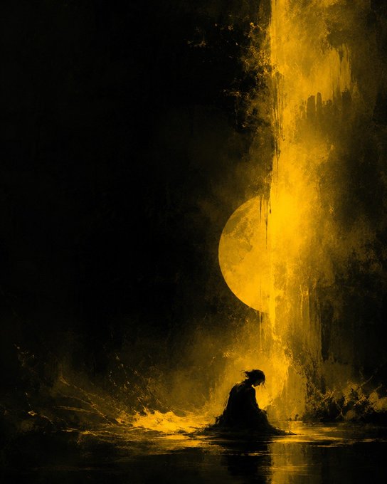 A dark, atmospheric painting shows a silhouetted figure sitting on the ground before a glowing yellow moon and a column of golden light descending from above.