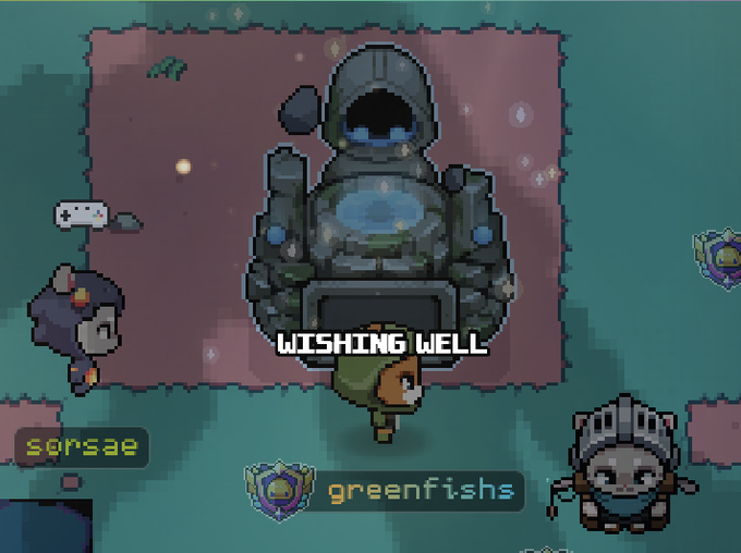 A pixel art video game scene showing characters around a 'WISHING WELL' with usernames 'sersae' and 'greenfishs' visible.