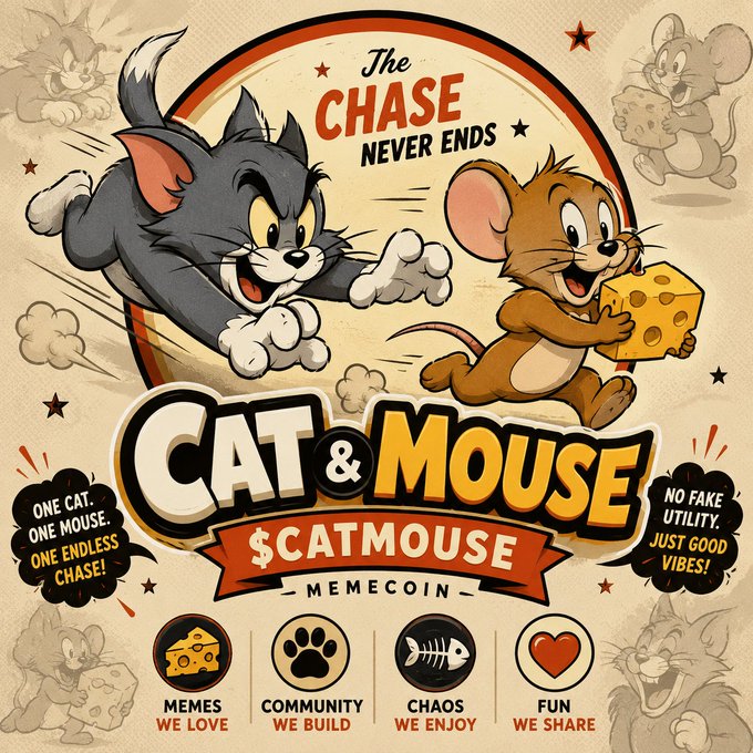 A promotional graphic for the '$CATMOUSE' meme coin featuring Tom and Jerry characters with the tagline 'The Chase Never Ends' and icons for memes, community, chaos, and fun.