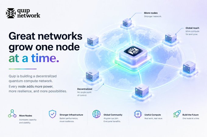Promotional graphic for Quip Network stating 'Great networks grow one node at a time,' describing it as a decentralized quantum compute network.