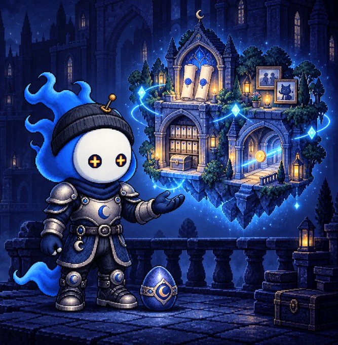 A fantasy digital artwork of a blue ghost-like character in knight armor with a beanie hat, standing on a balcony and conjuring a floating magical library castle scene with glowing blue magical effects.