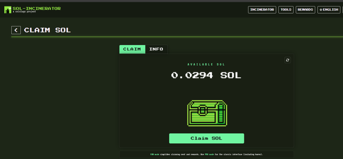 The image shows a "Claim SOL" page from the Sol-Incinerator website, displaying an available balance of 0.0294 SOL with a "Claim SOL" button, which relates to the post's context of recovering leftover cryptocurrency from previously used Solana wallets.