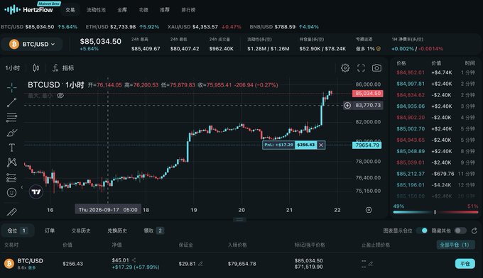 Cryptocurrency trading chart on HertzFlow showing BTC/USD at $85,034.50 with a 5.84% increase and various trading data in Chinese.