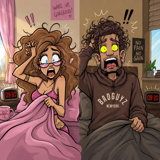 A cartoon couple jolts awake in bed with horrified expressions as their alarms ring at 09:30, under a "WAKE UP, GORGEOUS!" sticky note, while the man sports a "BADGUYZ NEW YORK" hoodie—perfectly capturing the humorous "overslept" vibe of the Good Late Morning post.