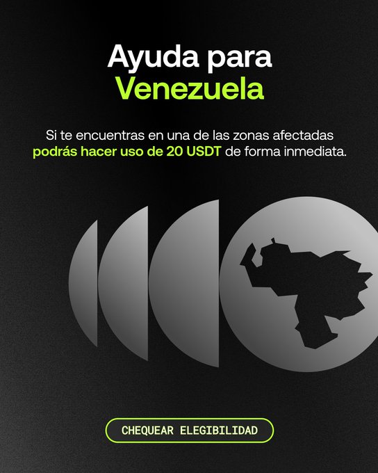 The image is a dark promotional graphic titled "Ayuda para Venezuela" in white and green text, offering that users in affected zones can "hacer uso de 20 USDT de forma inmediata." It features a stylized gray circular design with a black outline of Venezuela's geography and a "CHEQUEAR ELEGIBILIDAD" button at the bottom, supporting the post announcing OKX's aid of 20 USDT for registered users in La Guaira.