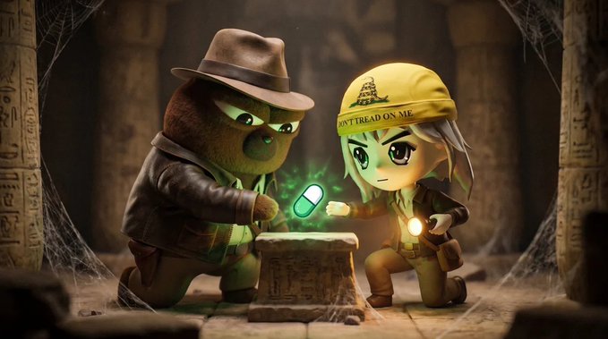 A teddy bear in a fedora and trench coat hands a glowing green pill to an anime-style girl wearing a "DON'T TREAD ON ME" cap inside a dark tomb filled with cobwebs and hieroglyphics. The scene fits the "$BOBO" post by capturing the adventurous, mysterious "tomb-raiding" energy of a legendary crypto comeback.

**Visible text:** "DON'T TREAD ON ME" on the yellow cap.