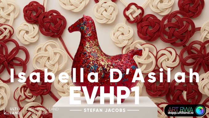 Promotional artwork featuring a red, textured horse sculpture titled "EVHP1" by artist Isabella D'Asilah (shown with credit to Stefan Jacobs), surrounded by woven red and cream knots, highlighting the piece's entry into Ultiland's RWA issuance framework as a rare cultural asset.