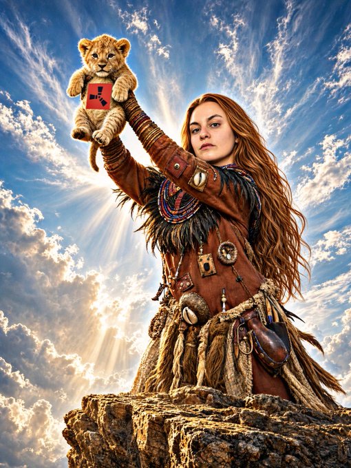 A digital fantasy illustration depicts a woman with long flowing red hair standing on a rocky cliff edge, wearing tribal-style leather and fur clothing, holding up a small lion cub that displays a red shield with a black logo.