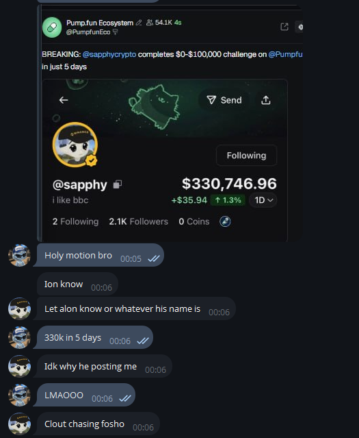 A screenshot of a Telegram chat discussing a Pump.fun post about user @sapphycrypto completing a $0-$100,000 challenge in just 5 days, with their profile showing a balance of $330,746.96 (+1.3% gain). The messages celebrate the impressive achievement, noting "330k in 5 days" and "Holy motion bro," capturing the viral momentum behind this crypto trading success.