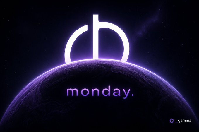 A glowing purple "monday." logo rises like a planetary horizon over a dark celestial body in deep space, with the "_gamma" handle and Ø signature in the corner—visually echoing the post's message about viewing the "gm horizon" from a new perspective with the _monday brand.