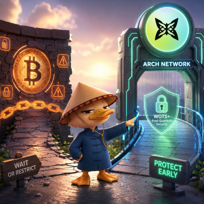 A digital illustration of a duck character in a conical hat and blue coat standing between two gateways, one featuring a Bitcoin logo with 'WAIT OR RESTRICT' text, and another labeled 'ARCH NETWORK' with 'WOTS+ Post-Quantum Security' and 'PROTECT EARLY' text.