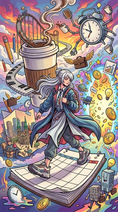 A vibrant, surreal digital illustration depicting a silver-haired character in a blue coat walking on a calendar, surrounded by floating elements like a giant coffee cup with a harp, clocks, gold coins, and briefcases.
