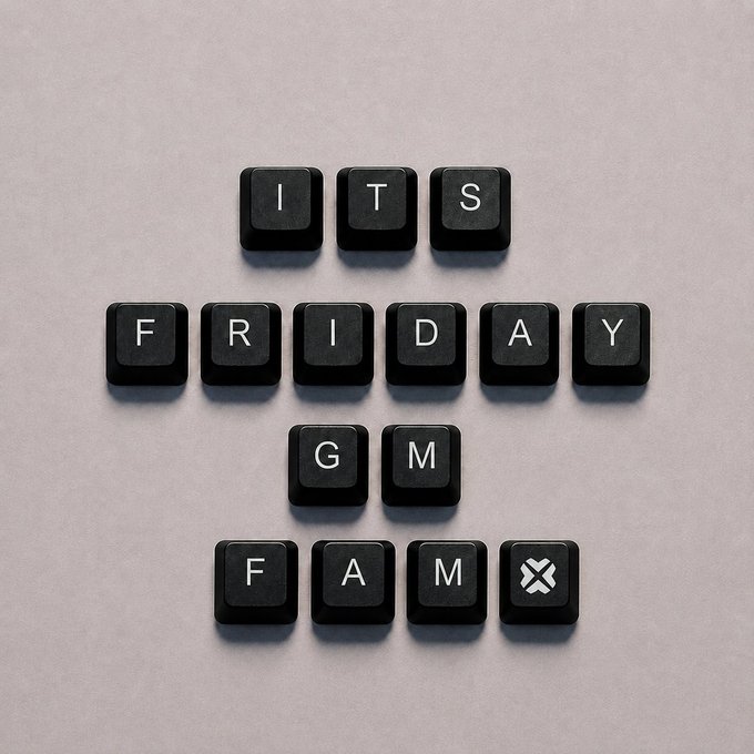 Keyboard keys spell out "ITS FRIDAY GM FAM" with a backspace symbol, playfully framing Friday as something to be undone in line with the post's wistful nod to a slower market day.