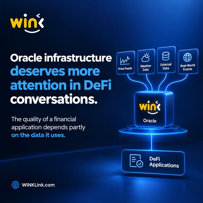 An advertisement for WINKLink stating 'Oracle infrastructure deserves more attention in DeFi conversations,' showing their Oracle connecting Price Feeds, Weather Data, External Data, and Real-World Events to DeFi Applications.