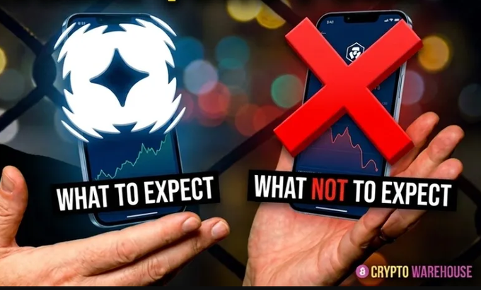 Two hands hold smartphones displaying cryptocurrency charts, with the left showing a star logo and 'WHAT TO EXPECT' while the right shows a chart with a red X and 'WHAT NOT TO EXPECT', branded by 'CRYPTO WAREHOUSE'.